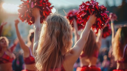 Dynamic cheerleader scene showcasing womens performance and teamwork, highlighting dance and motivation during outdoor sports events and competitions