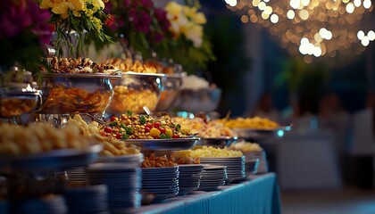 Catering Wedding Buffet with Elegant Food Display Floral Decorations