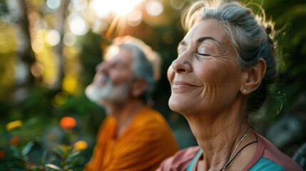 Obraz premium Outdoor wellness activities featuring an older couple engaging in exercise, yoga, and fitness training together in their garden during retirement