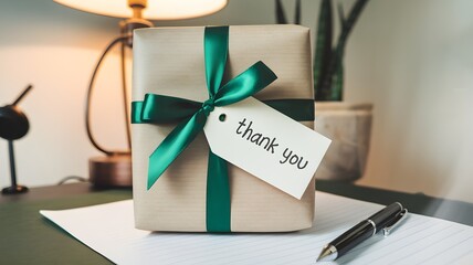 Brown paper-wrapped gift with green ribbon and "Thank You" tag, pen beside it on desk with lamp and plant