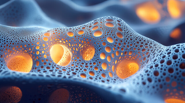 This high-resolution image captures the intricate beauty of fractal biogen nanostructures, featuring glowing holes within a filigree pattern. Generative AI