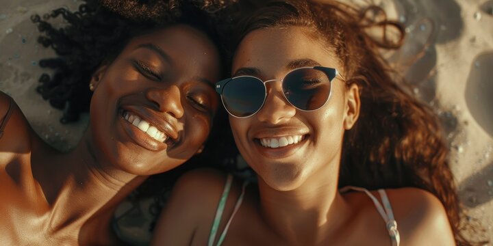 Young women enjoy a sunny summer day at the beach, relaxing together and sharing smiles in a diverse and happy atmosphere
