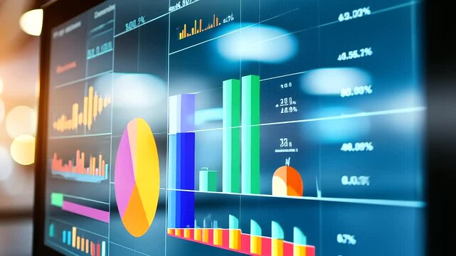 A detailed view of a vibrant analytics dashboard showcasing demographic data, set against a softly focused office backdrop.
