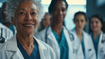 Fototapeta premium Healthcare professionals stand together with arms crossed, showcasing happiness, diversity, and solidarity in their commitment to wellness and collaboration in a clinic