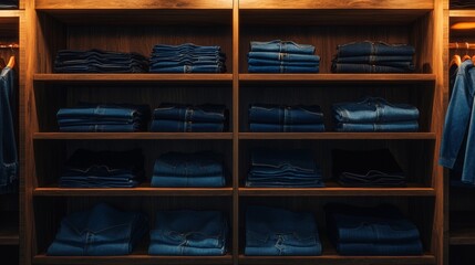 Denim Jeans Neatly Folded on Wooden Shelves in Fashion Store