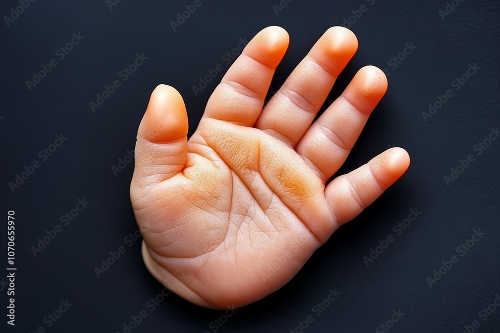 Poster a hyper-realistic close-up of a babyâ€™s hand, capturing every wrinkle and tiny detail of the skin