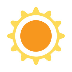 Stylized Sun Icon with Orange Core and Yellow Rays, Flat illustration of a sun with an orange core, white ring, and yellow wavy rays, symbolizing warmth, sunlight, and summer in a modern design.
