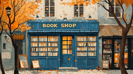 Autumn Festival, a bookstore with on the front, from a painting by person, in the style of folk art inspired illustrations, bold patterned quilts, pastel colors, bloom core, mixes painting and ceramic