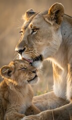 Obraz premium The lioness gently licks her playful cub in the warm light of sunset, showcasing their bond in the African wilderness. The setting provides a serene backdrop. AI