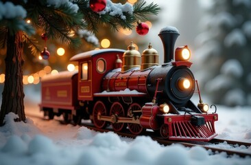 red and black toy retro steam locomotive stands under decorated christmas tree
