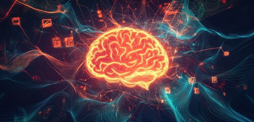 Fototapeta premium A radiant, glowing brain shape at the center of intricate, colorful wave patterns, with abstract symbols of thought connecting in a dynamic flow, illustrating an active brainstorming process.
