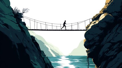 Fototapeta premium a 2D cartoon illustration of a person walking across a suspension bridge over a river, daring and thrilling, white background--ar 16:9