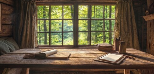 A rustic cabin interior with a wooden table, a journal, and a window showing a peaceful forest view, inviting calm and creativity.