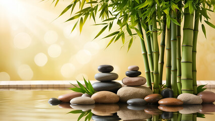 A dreamy, shallow-depth-of-field bokeh effect photography captures a serene spa backdrop featuring a lush cluster of bamboo stalks swaying gently in the breeze, surrounded by carefully arranged river 