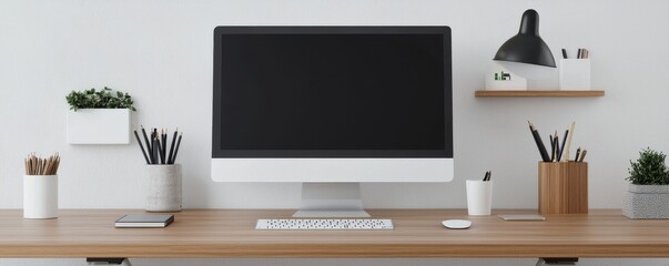 A minimalist workspace featuring a sleek desktop computer, stylish lamp, and organized stationery, perfect for productivity and creativity.