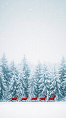 Fototapeta premium festive scene featuring Santa sleigh pulled by reindeer gliding through snowy forest. enchanting winter landscape is filled with tall, frosted trees and gentle snowfall, creating magical atmosphere
