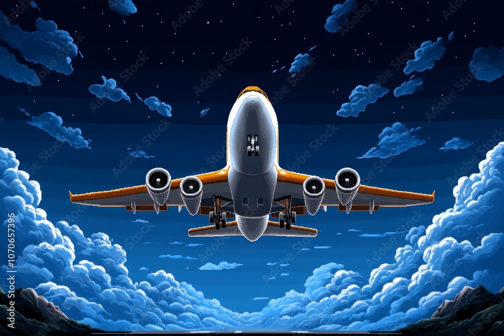 Poster A pixel art airplane with retro 8-bit styling, flying through a pixelated sky with clouds and mountains below