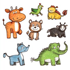 Naklejka premium Colorful Hand Drawn Cartoon Animal Set Cow Bird Bear Mole Cat Elephant Illustration