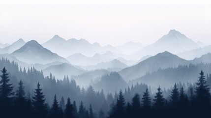 Fototapeta premium Serene mountain landscape at dawn with layers of blue-gray mist enveloping the peaks and dense evergreen forest below.
