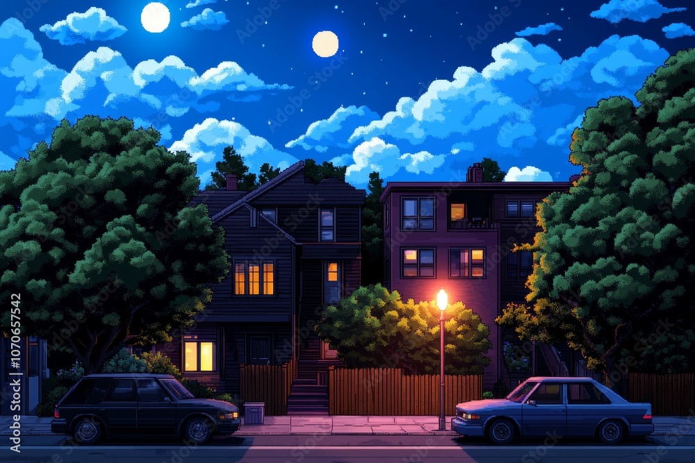 Poster a pixel art cityscape with tiny, colorful buildings and animated lights, creating a nostalgic, retro