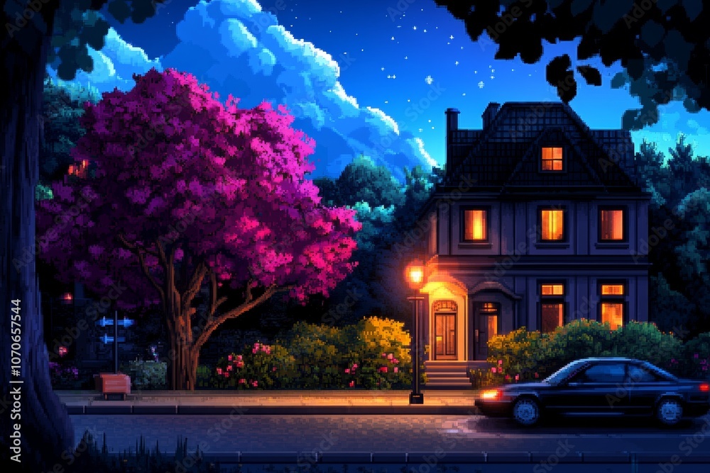Poster a pixel art cityscape with tiny, colorful buildings and animated lights, creating a nostalgic, retro