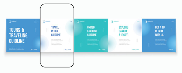 Tours and Travel guideline Instagram carousel template or LinkedIn carousel. Social media banner frame for travel agency carousel design
