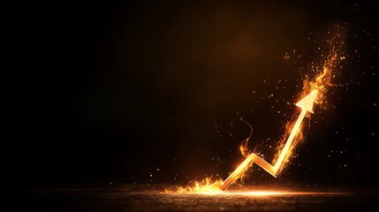 A glowing, fiery arrow pointing upwards symbolizes growth, success, and positive trends against a dark background.