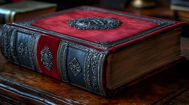 A vintage, ornate book with a richly detailed cover, resting on a wooden surface, evoking a sense of history and craftsmanship.