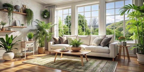 Fototapeta premium Cozy Living Room with White Sofa Surrounded by Lush Greenery and Large Windows for Relaxation and Comfort, Perfect for Home Decor Enthusiasts and Interior Design Lovers