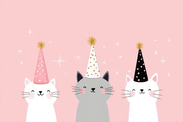 Adorable Cats in Festive Party Hats Celebrating with Cheerful Expressions Against Pink Background