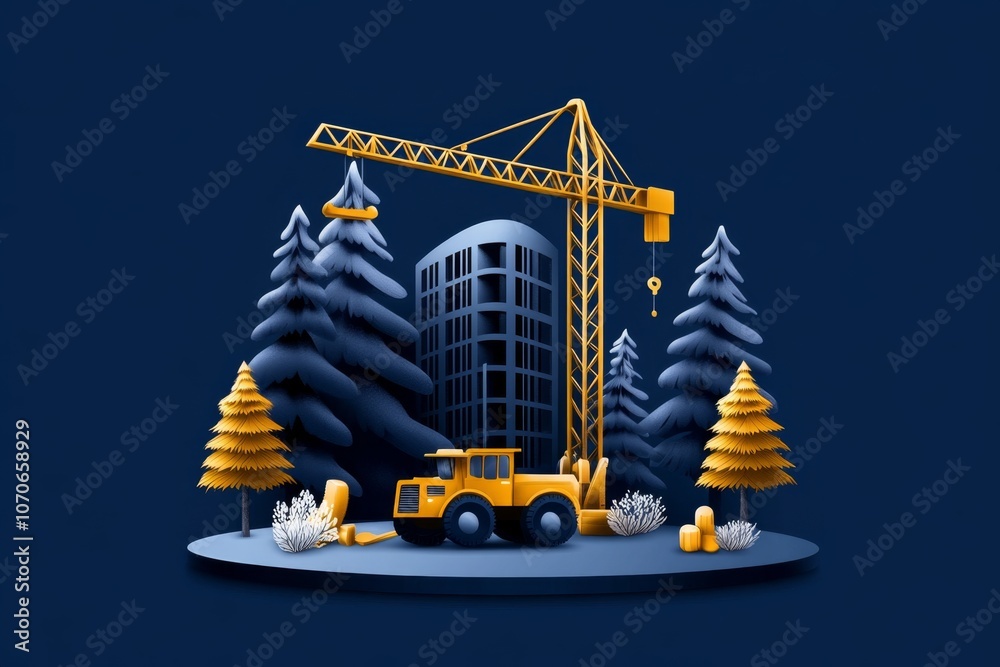 Poster a simple illustration of a building under construction with cranes and scaffolding, in a flat design