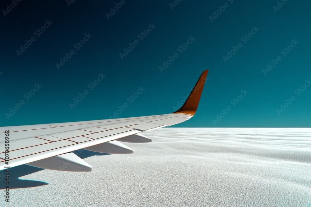 Poster a simple illustration of an airplane wing with a single line for the horizon, symbolizing travel and