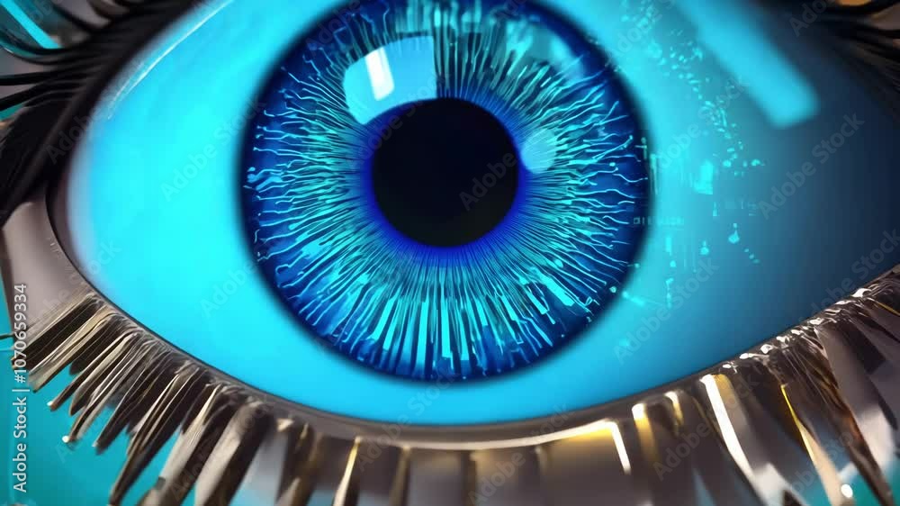 Poster Technology and science concept with cyber eye and circuit board depicting development of artificial intelligence or ai