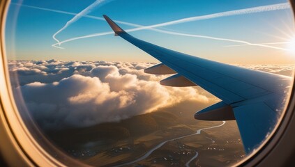 Fototapeta premium Aerial view of sunrise through airliner window in the morning. Aerial view of Cloudscape in dawn through plane window. Travel and vacation concept