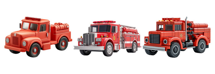 Naklejka premium Three Colorful Toy Fire Trucks on Transparent Background