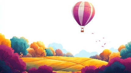 Obraz premium a 2D cartoon illustration of a hot air balloon floating over a field, colorful and magical, white background--ar 16:9