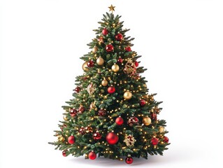 Fototapeta premium A beautifully decorated Christmas tree with red and gold ornaments and sparkling lights.