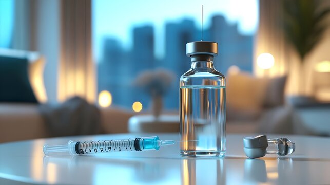 Syringe lying on a bottle with vaccine. Medical vaccination concept.. World Immunization week. Vaccine for all awareness.