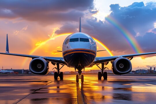 An airplane with a rainbow forming around it as sunlight refracts off the wings, against a backdrop of fluffy clouds