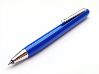 A simple blue pen sits on a white background, ready for use.