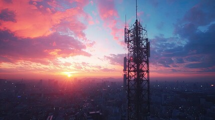 Tall radio tower silhouette against a vibrant sunset sky over a cityscape.