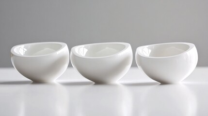 Three Elegant White Ceramic Bowls on a White Table: A Minimalist Design