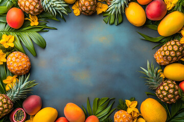 Fototapeta premium Tropical fruits border with vibrant colors and fresh seasonal produce. Arranged into a frame with dark space in the center for a template in a presentation or graphic design.