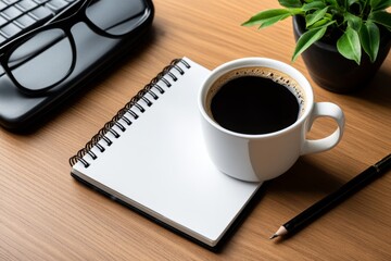 Banner with coffee cup and notebook on a wooden desk, ideal for a blog or productivity theme