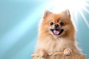 Obraz premium Close-up of a fluffy Pomeranian sitting in a basket, with a happy expression and soft, detailed fur