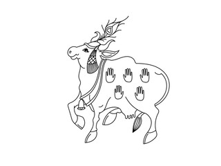 Traditional Indian sacred cow. Outline vector drawing. Coloring for children and adults.