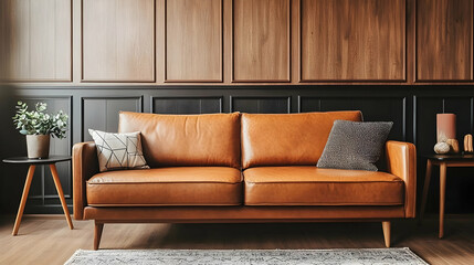 Minimalist Mid-Century Modern Living Room with Rich Wood Paneling, Brown Leather Sofa, and Geometric Decor for Timeless Elegance