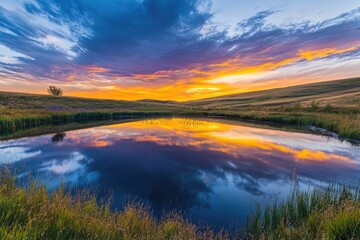 Fototapeta premium A serene landscape with a lake reflecting the vibrant hues of blues, yellows, purples, and oranges from the sky, representing harmony and liveliness.