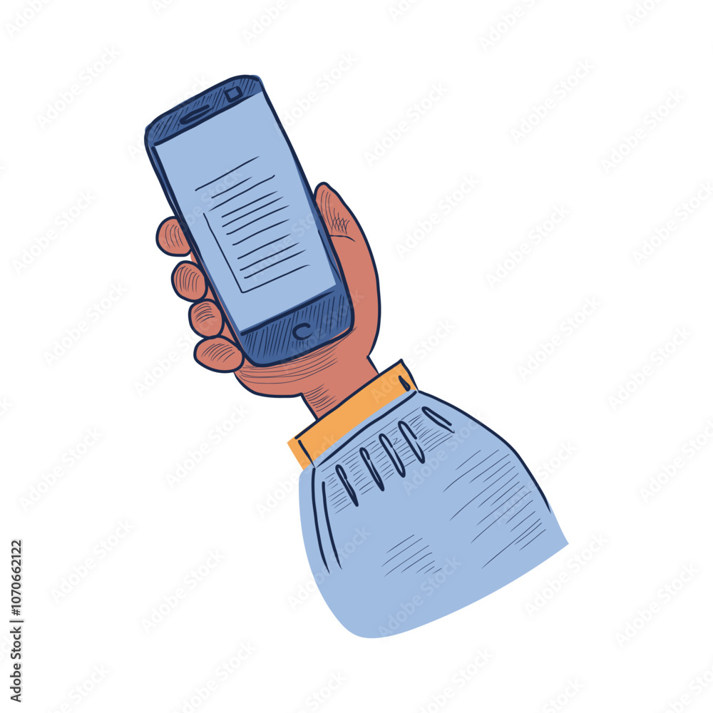 Poster podcast app in flat design. listener hand holding mobile phone with application. vector illustration
