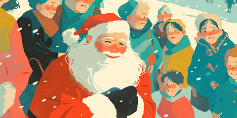 Naklejka premium Santa Claus with Kids: Retro illustration of Santa, kids eagerly watching. 